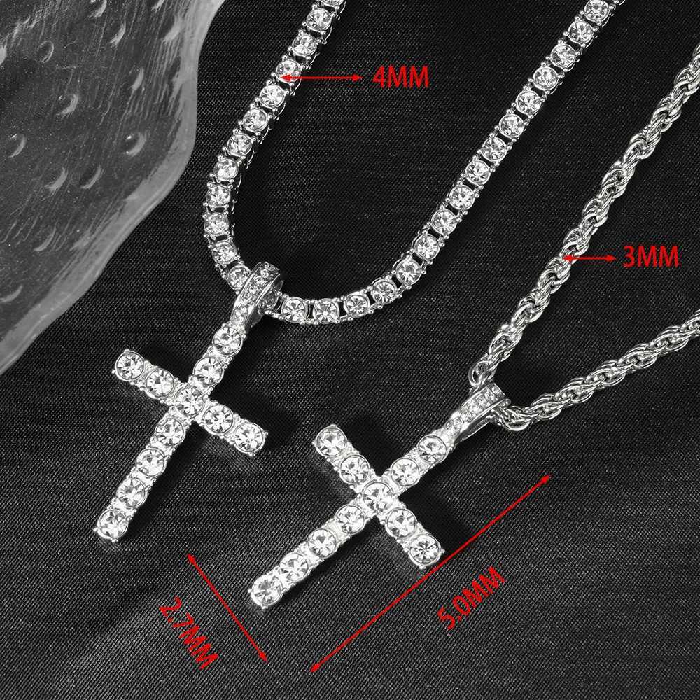 Hip Hop Iced Out Cross Pendant Necklace Strap 4mm Zircon Tennis Chain Men Women Sparkling Necklace Punk Jewelry Fashion Gift G251217