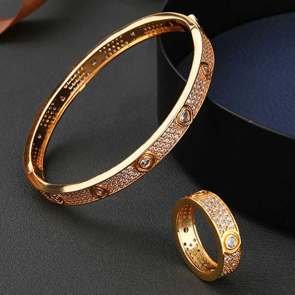 Zlxgirl Jewelry Classic Heart Shape CZ Zircon Women Bangle With Ring Jewelry set of Bridal Gift African Beads Sets M251217