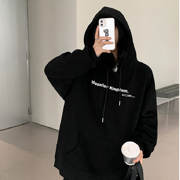New Arrival Women's Letter Print Fleece-lined Navy Blue Hoodie - Loose Pullover Top Coat for Female Students, Trendy Style for Autumn & Winter
