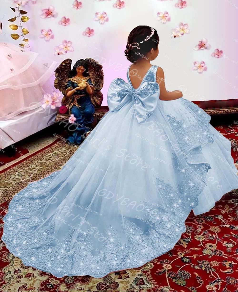 Sky Blue Princess Pageant Dress With Train Birthday Gown Kids Beaded Lace Flower Girl Dress Customized Wedding Party Frock 251216