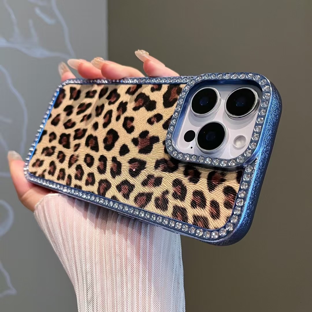 Diamond Plated Pink Brown Leopard Print iPhone 17 Apple 16 Pro Max Compatible 15 Phone Case 14 Shockproof Cover