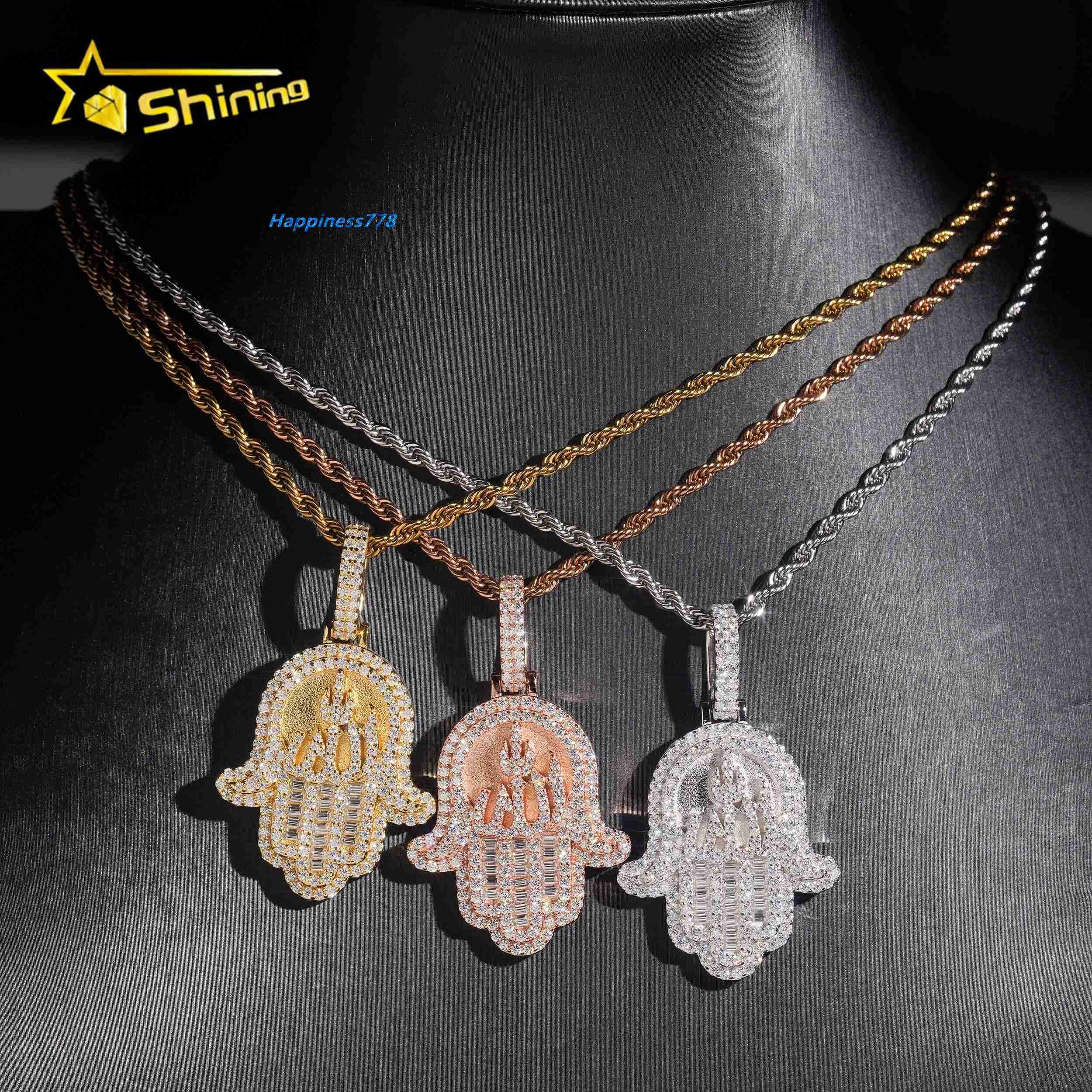 Hot Selling Hip Hop Rapper Style 925 Silver Rose Gold Hamsa Hand Iced Out VVS Moissanite Pendant