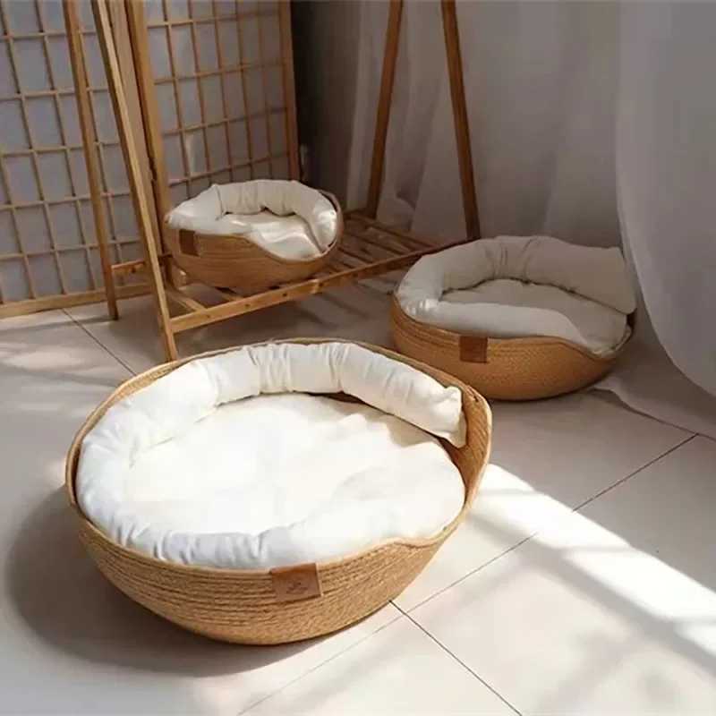 Pet Bed Soft Cat Kennel Dog Beds Sofa Bamboo Weaving Four Season Cozy Nest Baskets Waterproof Removable Cushion Sleeping Bag M251217