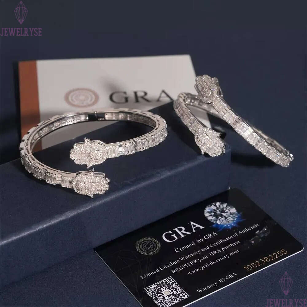 New Design Hamsa Hand Bangle Fine Hip Hop Jewelry Silver Plated Baguette Custom Iced Out 925 Silver VVS Moissanite Bracelet