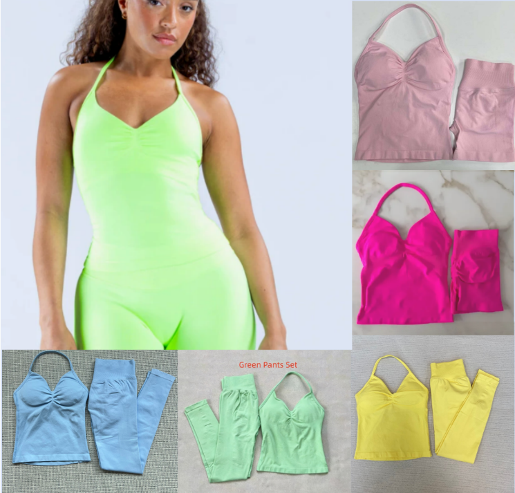 Womens Impact Longline Strappy Top Vest and Leggings Padded High Waist Scrunch Seamless Yoga Leggings Fitness Clothes Workout Sets Gym Suit Activewear Gym Set