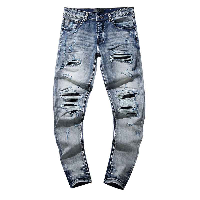 Men's Jeans Firmranch 2023 Blue Straight-leg Jeans For Men Women Big Hole Ripped Mopping Flared Denim Pants Streetwear Oversize Version Trousers