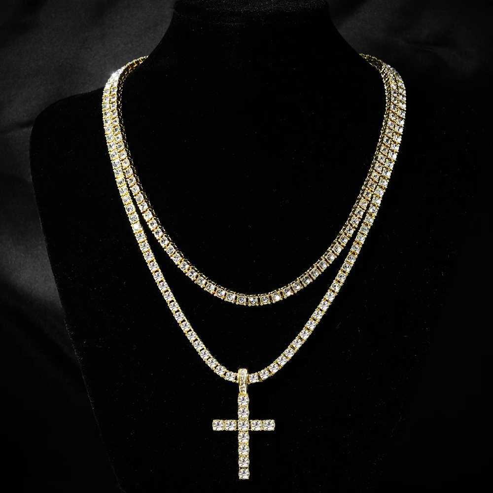 Hip Hop Iced Out Cross Pendant Necklace Strap 4mm Zircon Tennis Chain Men Women Sparkling Necklace Punk Jewelry Fashion Gift G251217