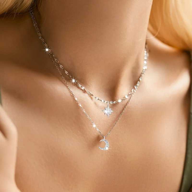 Necklace for Women Double Layer Zircon star Moon Pendant Necklace DelicateChain Charm Elegant Fashion Jewelry Gifts G251217