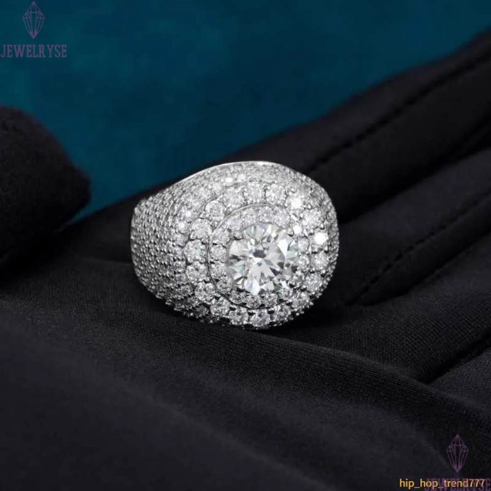 Hip Hop VVS D Color Moissanite Bling Mens Cluster Double Halo Signet Ring With 925 Sterling Silver Pass Diamond Tester GRA A