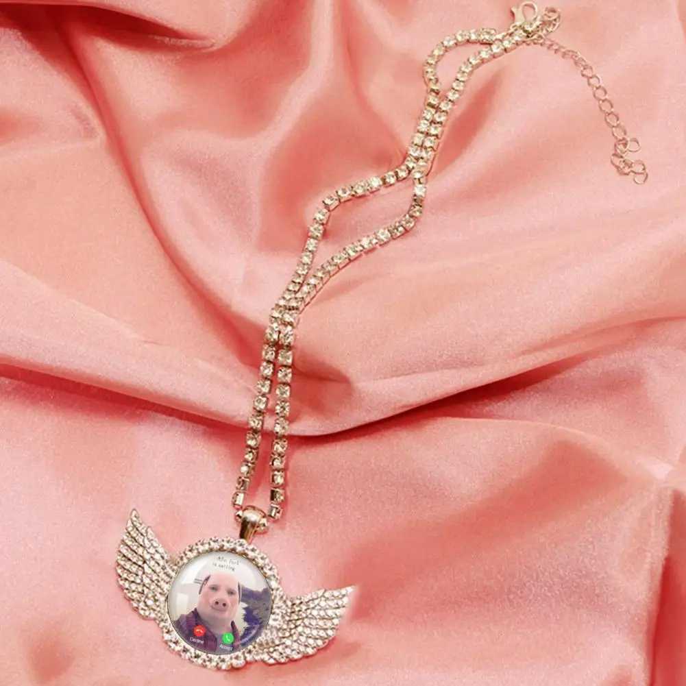 For John Pork Is Calling Answer Call Phone Humor Funny Pig Lover Graphic The Moon Necklace Angel Wings Pendant Necklace Gift G251217