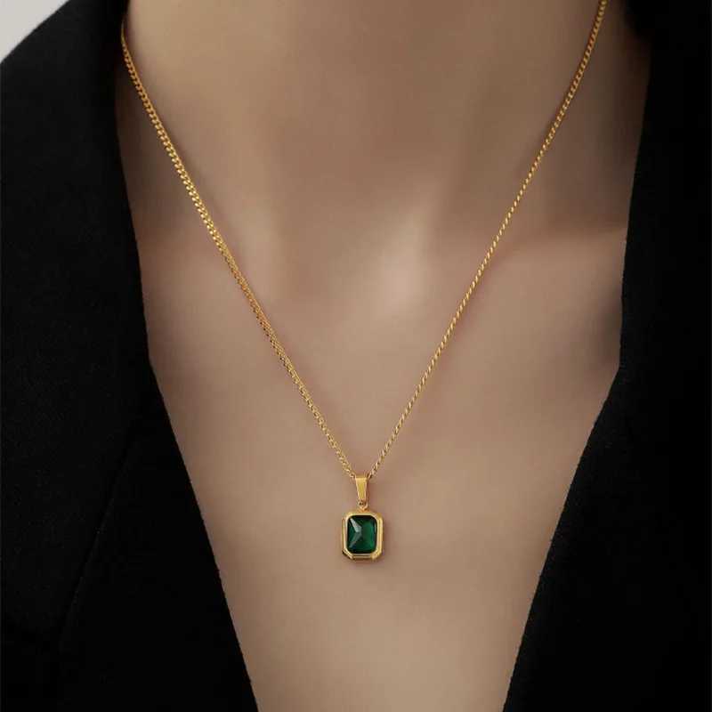French Retro Green Crystal Pendant Necklace Simple Gold Color Chain Necklace For Women Trendy Accessories Mother Gift Accessorie G251217