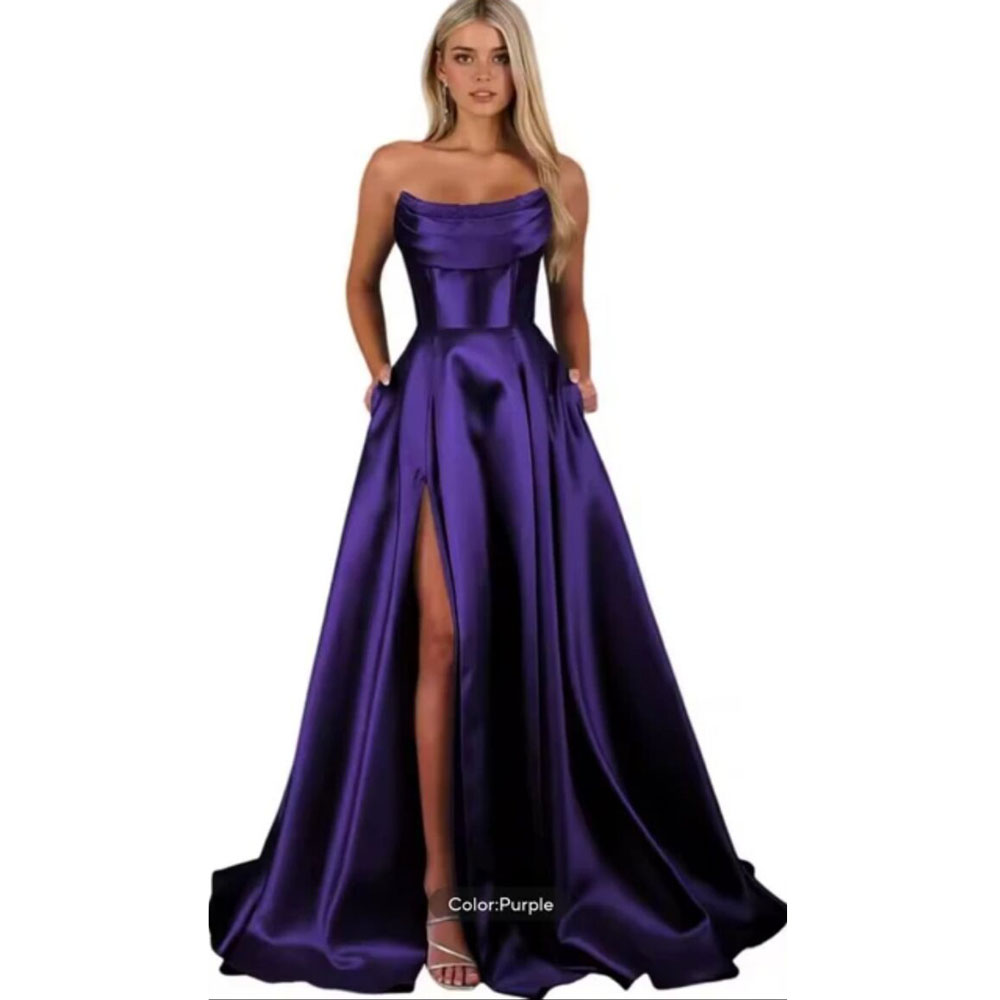 Elegant Strapless Prom Dress Robe De Cocktail Femme Satin Evening Gowns A-line Women Party Dresses With Pockets D17