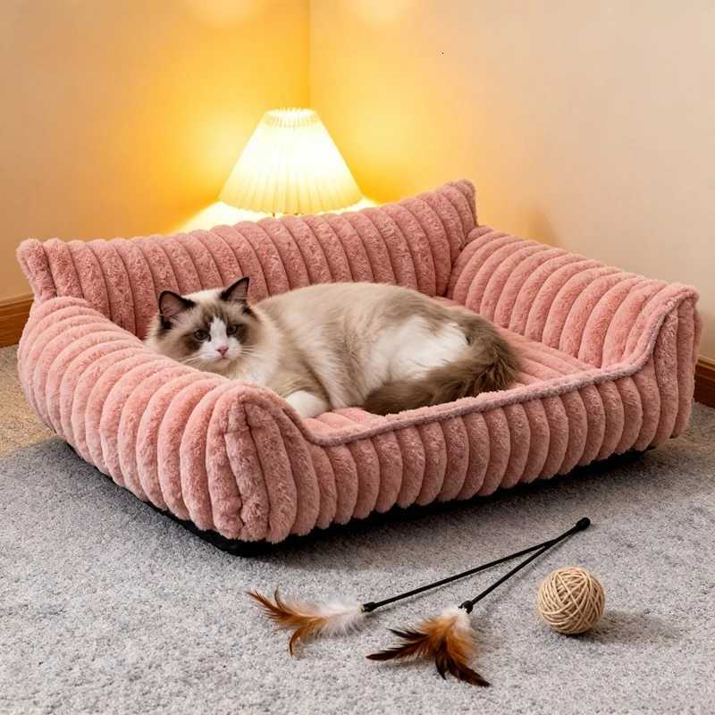 Soft Striped Pet Bed for Small Medium Dogs Cats Comfortable Plush Puppy Bed Winter Warm Cat Bed Sofa Removable Washable Cat Nest M251217