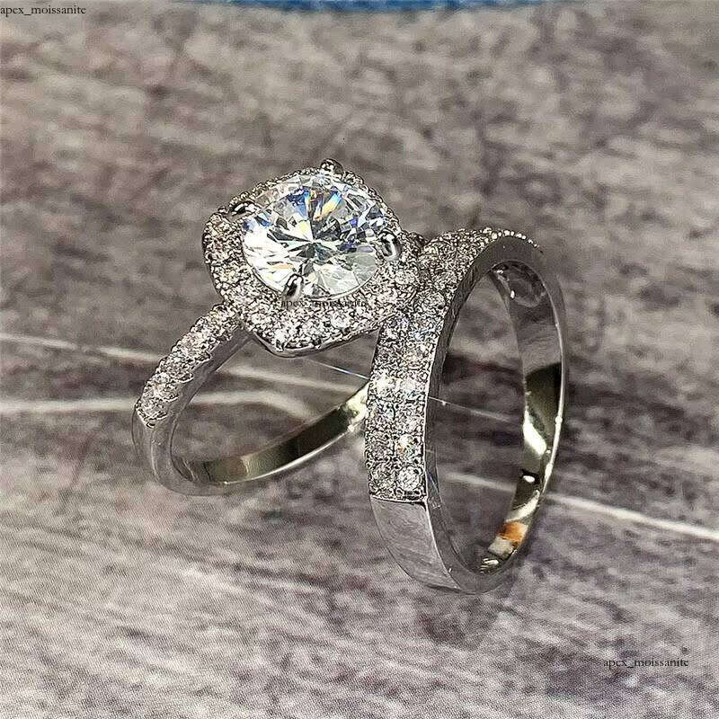 fashion Silver VVS Moissanite White Gold Geometric Crystal Diamond Wedding Ring Couple Set - view 5