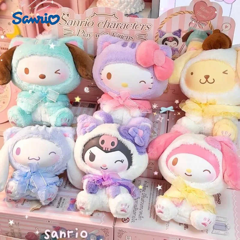 Sanrio Character Play With Kittens Series Plush Blind Box Kuromi My Melody Pochacco Pom Purin Cinnamonroll Kitty Doll Toys H251217