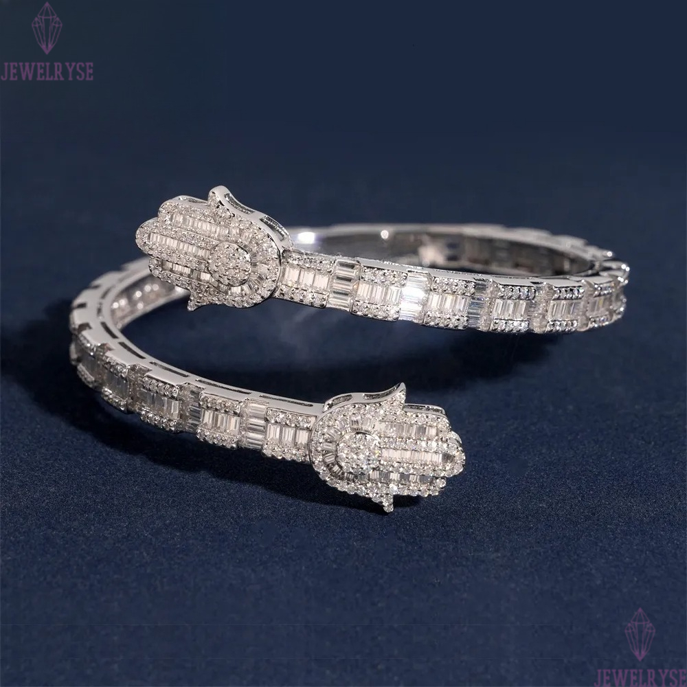 New Design Hamsa Hand Bangle Fine Hip Hop Jewelry Silver Plated Baguette Custom Iced Out 925 Silver VVS Moissanite Bracelet