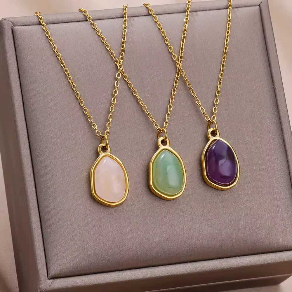 Trendy Oval Colorful Stone Necklace For Women Stainless Steel Gold Color Green Opal Stone Pendant Necklace Aesthetic Jewelry Gif G251217