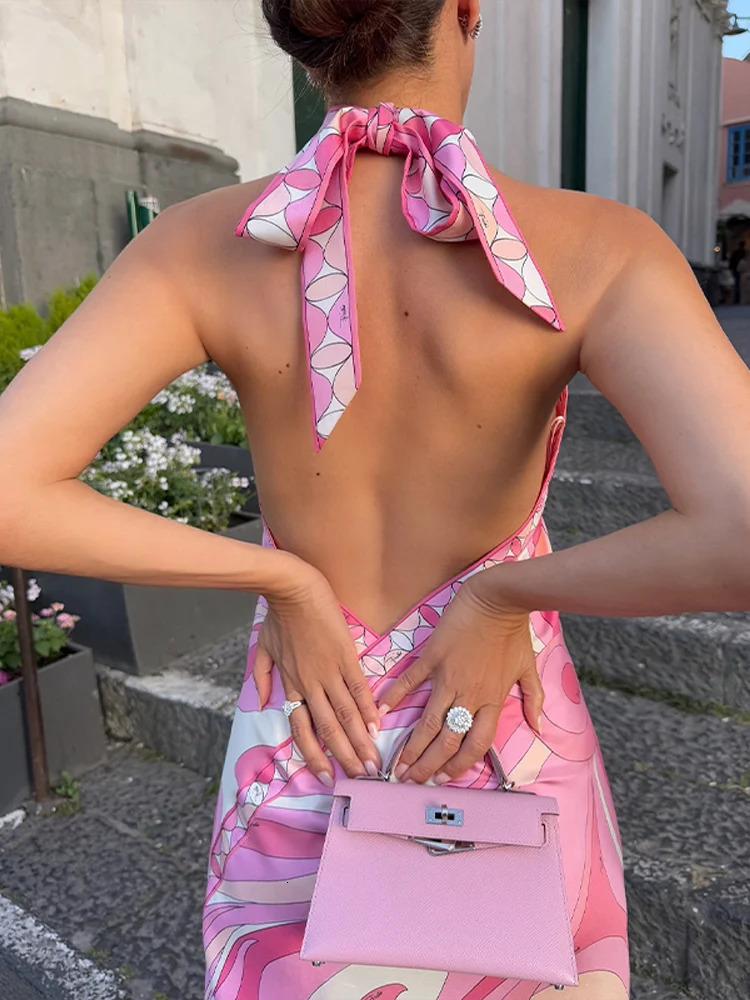Sexy Print Halter Midi Dress Women Sleeveless Backless Lace Up Irregular Robe 2025 Summer Elegant Female Vacation Party Dresses 251213