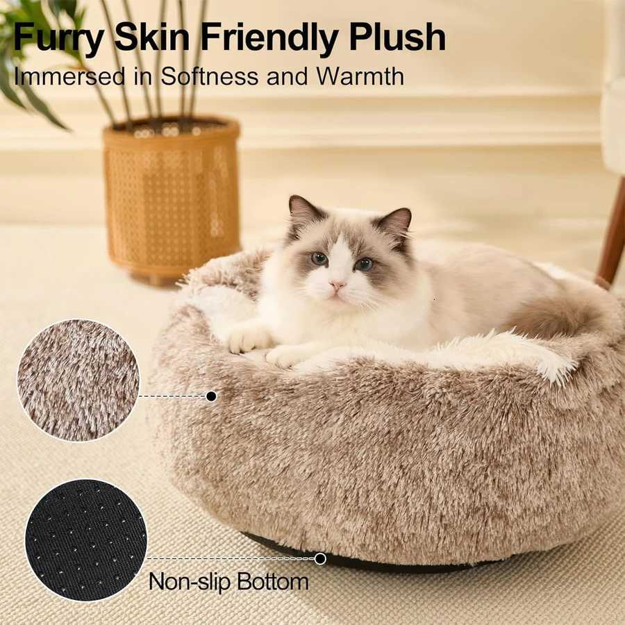 Cat Bed Round Plush Fluffy Hooded Cat Bed Cave Cozy for Indoor Cats or Small Dog beds Soothing Pet Beds Doughnut M251217