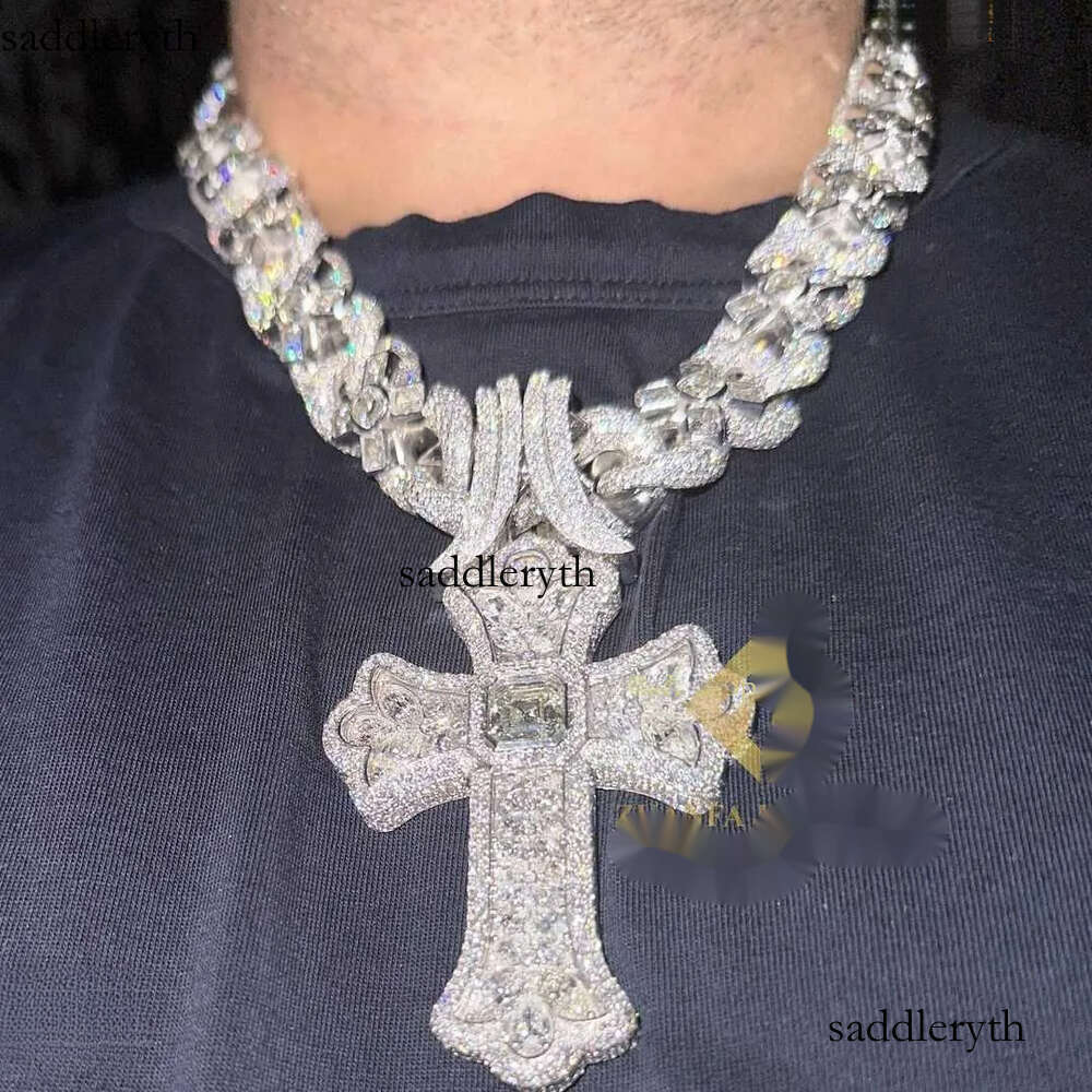 Designer Jewelry S Sier Mosonite Necklace Cross Pendant Cuban Link Chain with Seconds Over Tester Iced Out Vvs Moissanite Dia