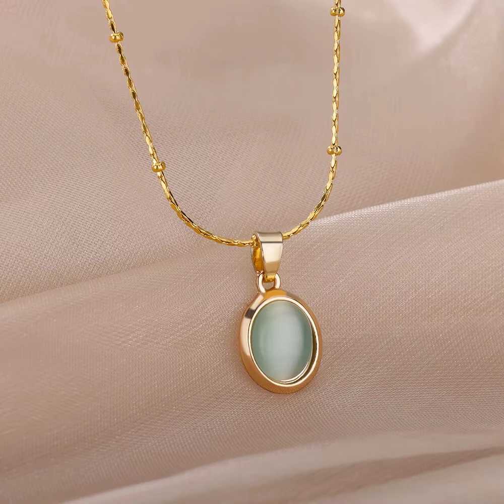 Trendy Oval Colorful Stone Necklace For Women Stainless Steel Gold Color Green Opal Stone Pendant Necklace Aesthetic Jewelry Gif G251217
