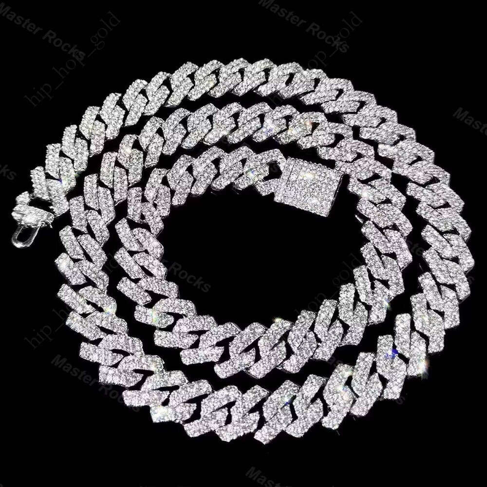 Vvs Moissanite Necklace Sier 10mm 12mm 14mm 2 Row Gold Plated Hip Hop Cuban Chain