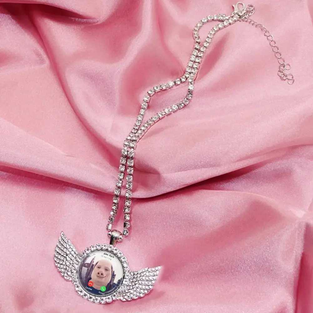 For John Pork Is Calling Answer Call Phone Humor Funny Pig Lover Graphic The Moon Necklace Angel Wings Pendant Necklace Gift G251217