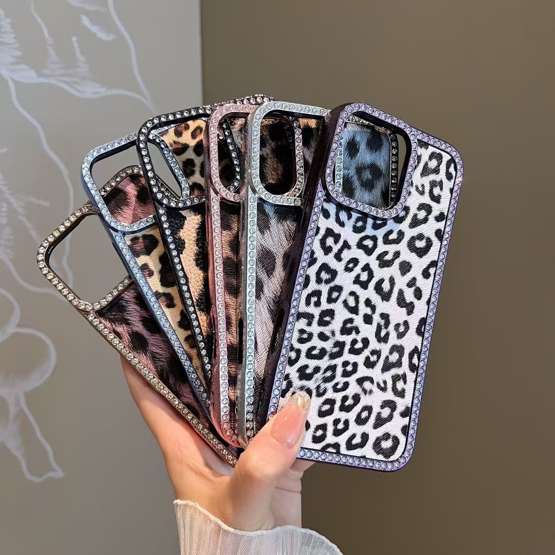 Diamond Plated Pink Brown Leopard Print iPhone 17 Apple 16 Pro Max Compatible 15 Phone Case 14 Shockproof Cover