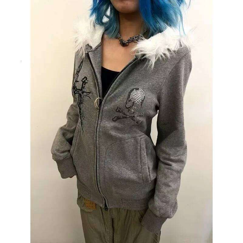 Gothic Dark Cross Print Skull Hot Diamond American Zip Up Hoodies For Y2k Winter Clothes Women Fur Collar Warm Sweatshirts