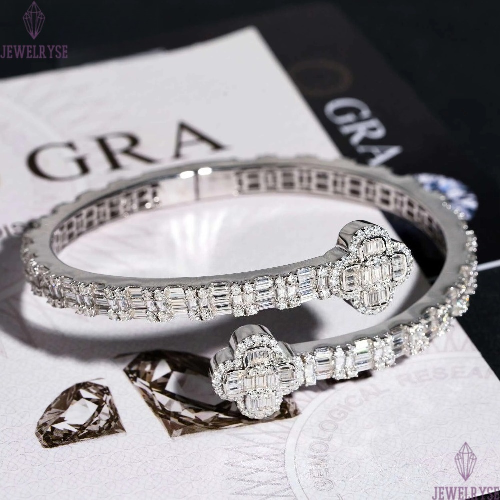 Pass Diamond Tester 14K Gold 925 Sterling Silver Baguette VVS Moissanite Iced Out Clover Cuff Bangle Bracelet for Men Women