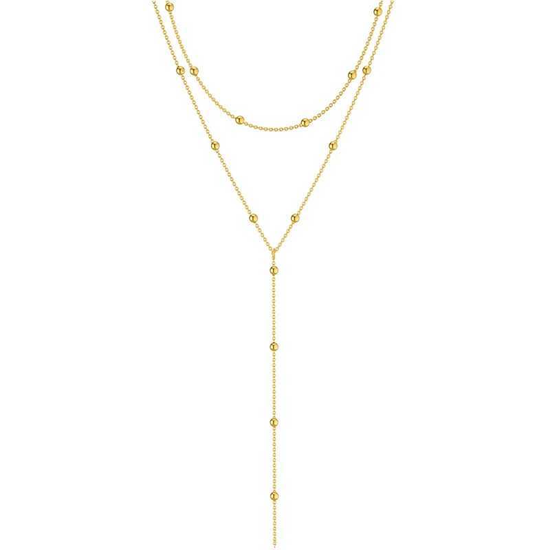 Dainty Long Necklace 14k Gold Plated Y-Shaped Pendant Necklace Trendy Layered Cz Beaded Necklaces Stainless Steel Jewelry G251217