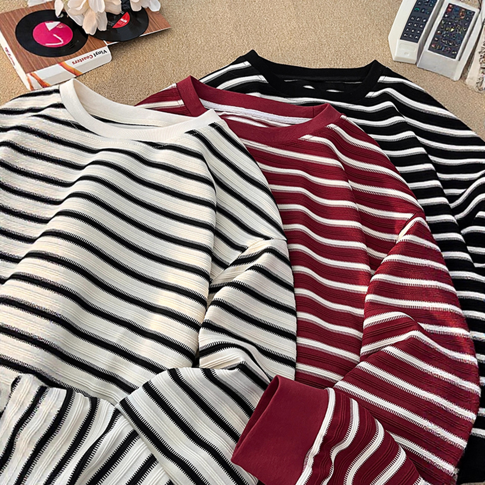 Casual Men Long Sleeved T Shirts Mens Round Neck T Shirt Spring Autumn Male Loose Striped Tees Shirt Tops 201116