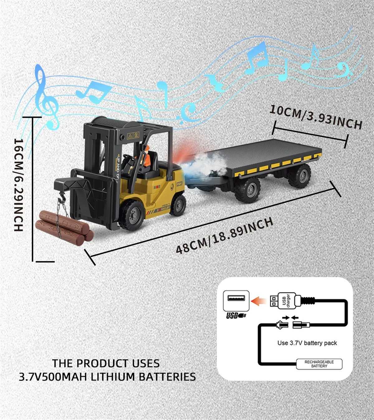 11Ch Rc Car Spray Remote Control Forklift with Light Music 1/24 Heavy Industry Trailer Simulated Model Toys Children Kids Gift G251218