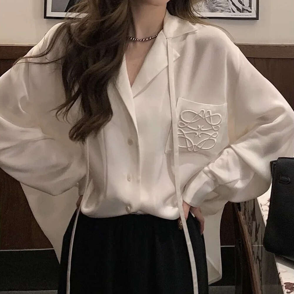 Spring Summer Women's New Glossy Thousand Needle Design Black White Slim Fit Button Up Pure Color Full Sleeve Shirt