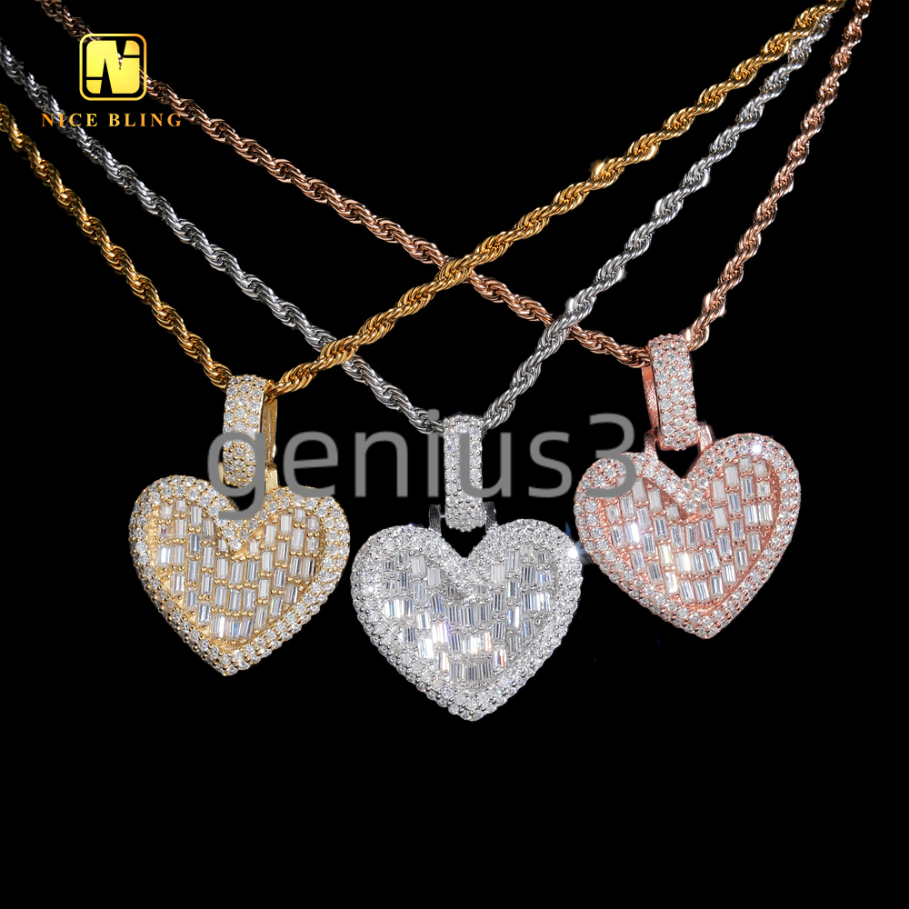 Ready to Ship Valentines Day Gift Heart Pendant Moissanite Pendant Baguette Pass Diamond Tester Hip Hop Iced Out Pendant