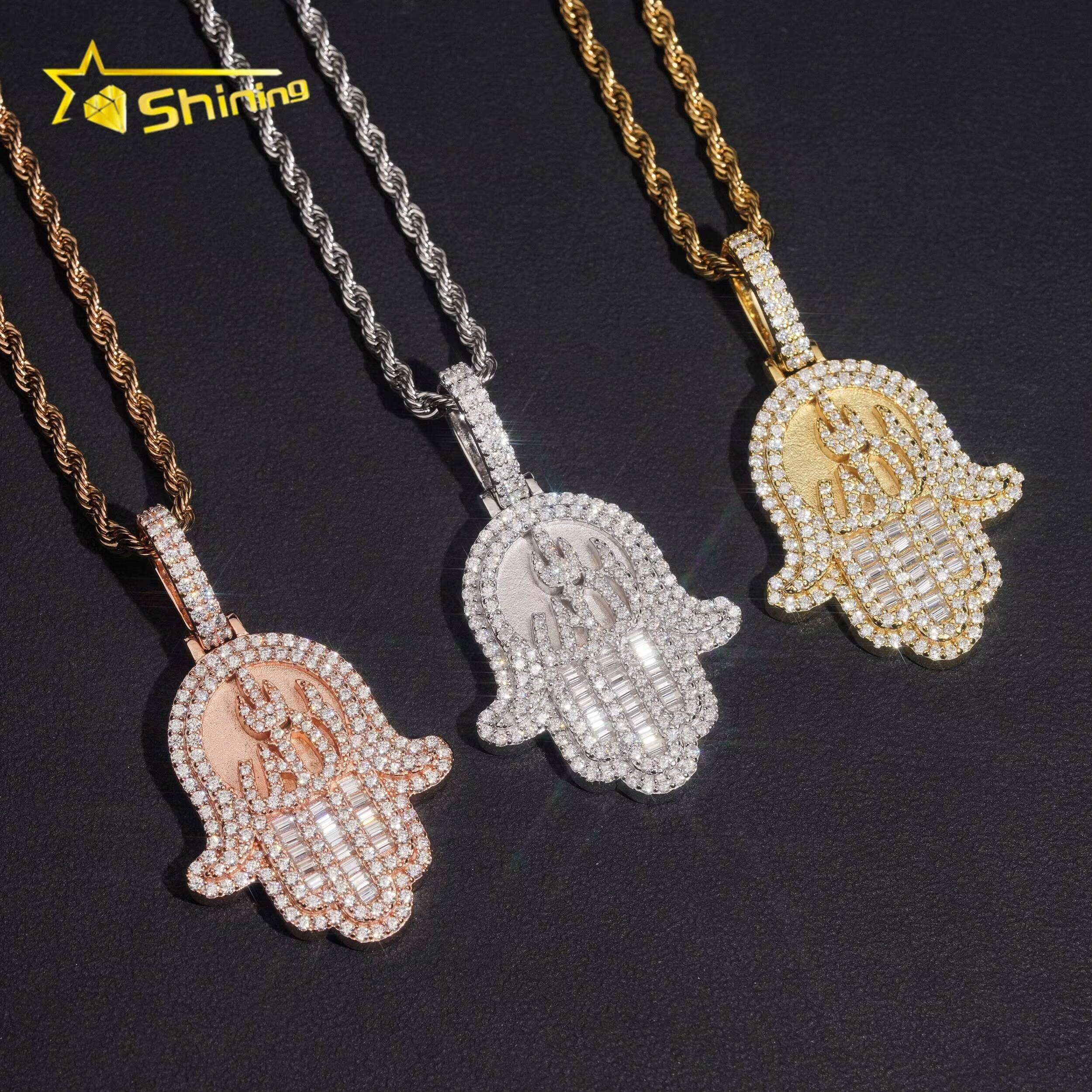 Hot Selling Hip Hop Rapper Style 925 Silver Rose Gold Hamsa Hand Iced Out VVS Moissanite Pendant