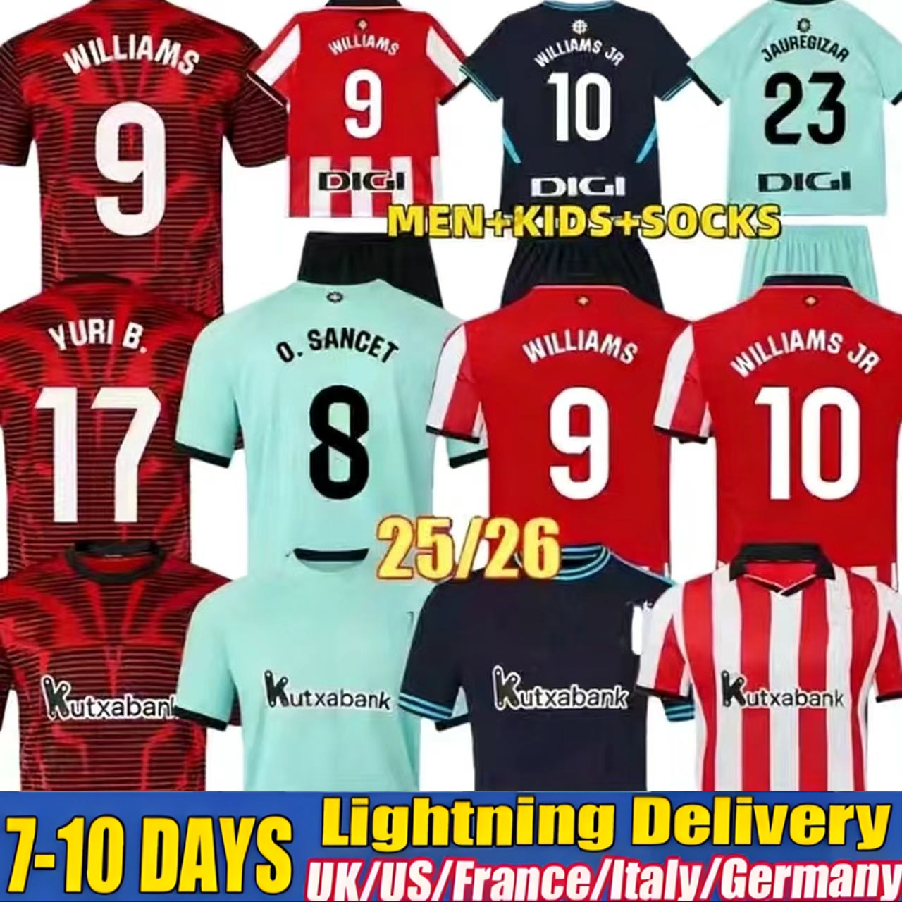 25 26 Bilbao Clubs Soccer Jerseys WILLIAMS BERENGUER MUNIAIN O. SANCET D 2025 2026 Bilbao Athletic WILLIAMS VILLALIBRE J.GUERRERO Football shirt Men Kids Kit 666
