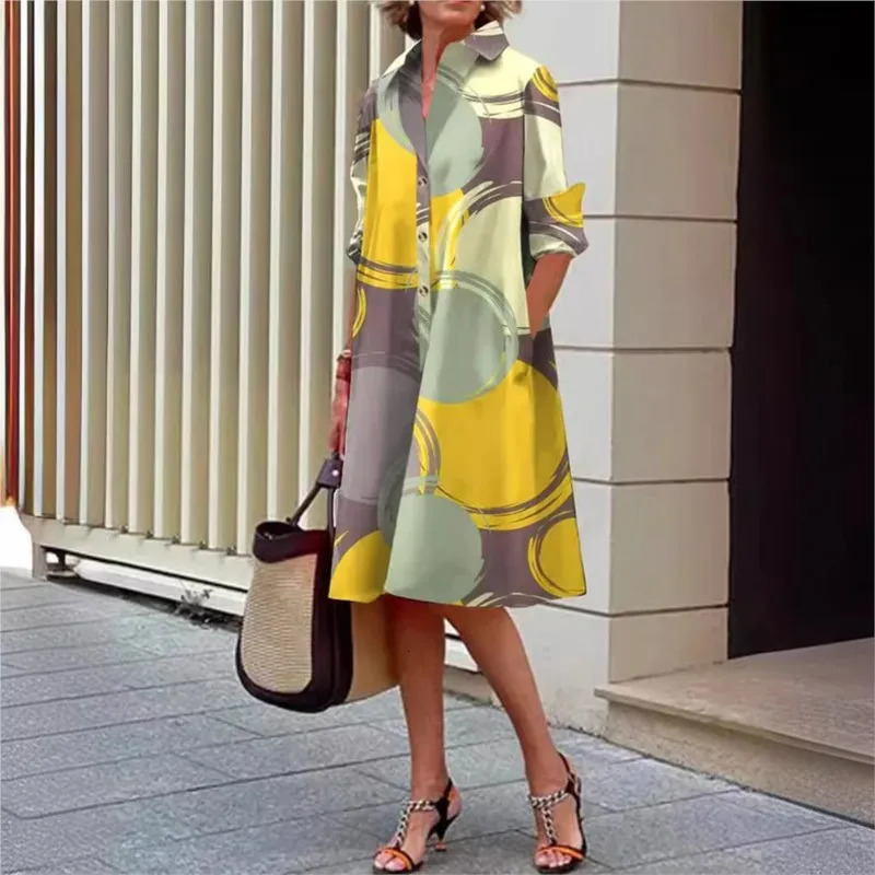 Fashionable Color Printed Blouse Dress Long Sleeved Flip Tie Button Up Shirt Sleeve Pocket Midi Spring Dress 2025 Product 251213