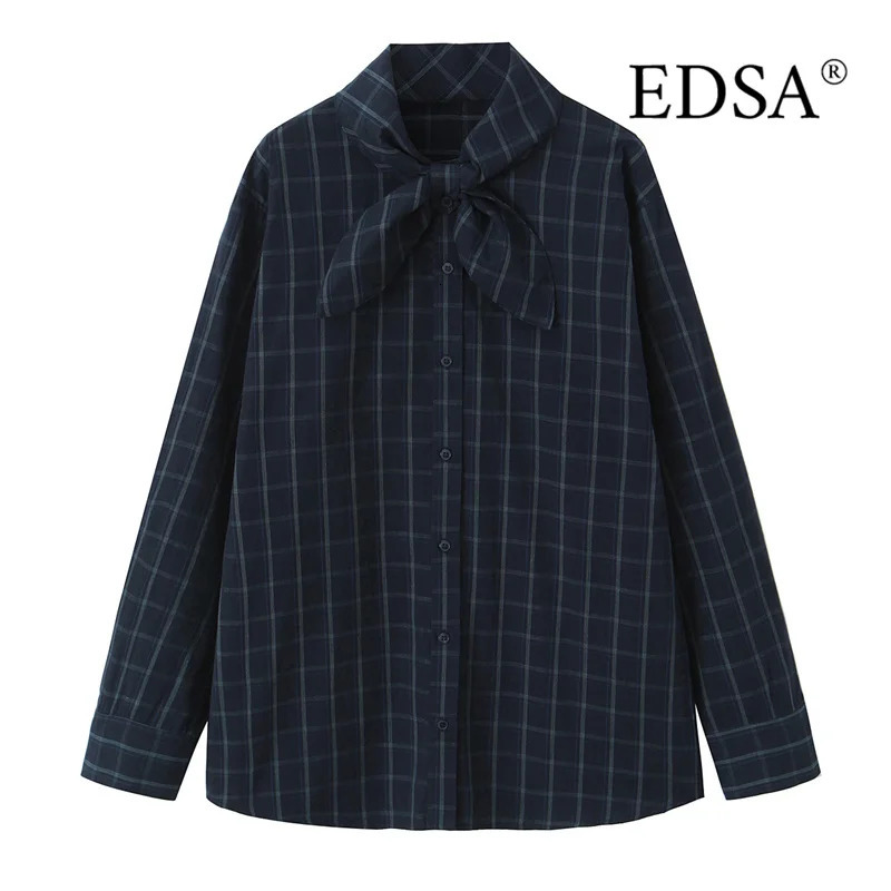 EDSA Women Navy Blue Plaid Shirt with Pocket Square for Office Lady Single Breasted AllMatch Tops 251217