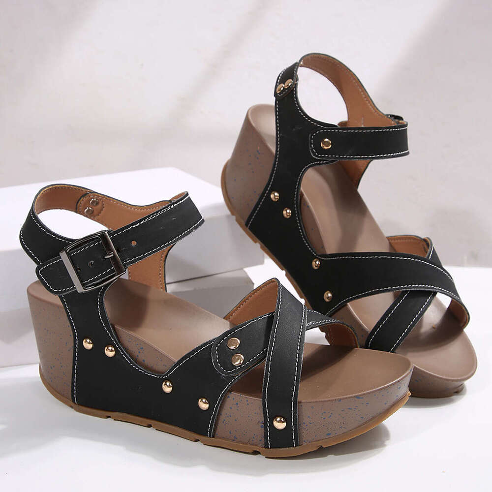 designer shoes Summer New European and American Style Platform Thick-Soled Wedge for Women with Velcro Large Size Studded Flat Peep-Toe Sandals