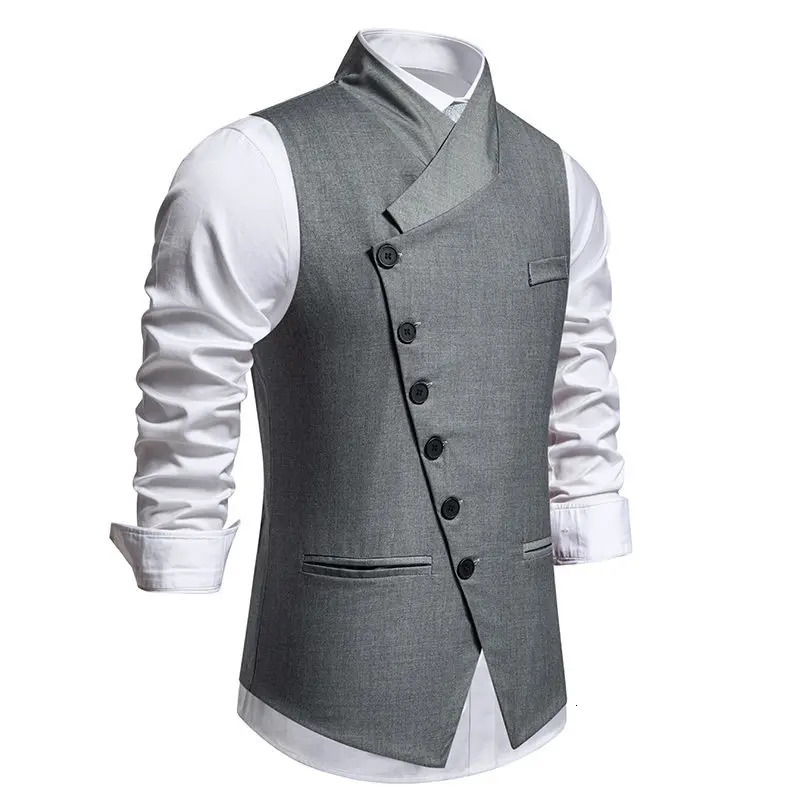 Spring Autumn Fashion Mens Grey Balck Single Breasted Suit Coat Diagonal Placket Solid Color Vest Male Slim Waistcoat 251203