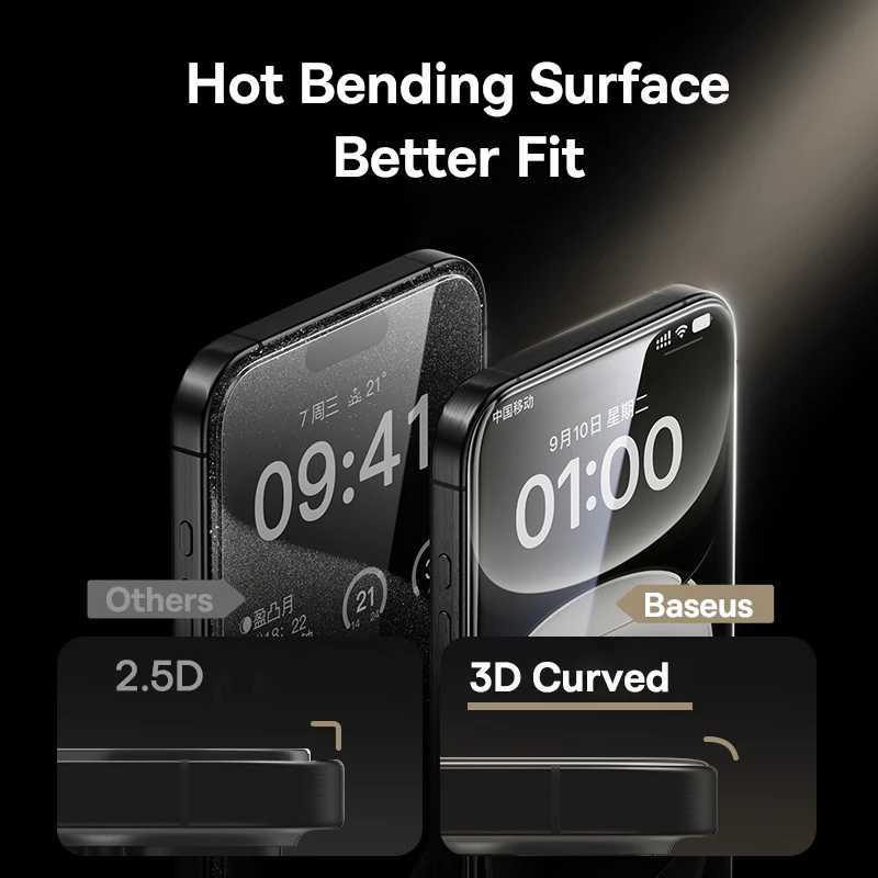 Baseus 3D Curved Tempered Glass for iPhone 16 15 Pro Max Hot Bending Full Coverage Shatterproof Clear Corning Screen Protector G251218
