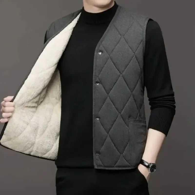 Autumn Winter waistcoat Men Lamb Fleece Coat Vest Button Cardigans Thicken Warm Solid V-Neck Casual Plaid JacketsG251218
