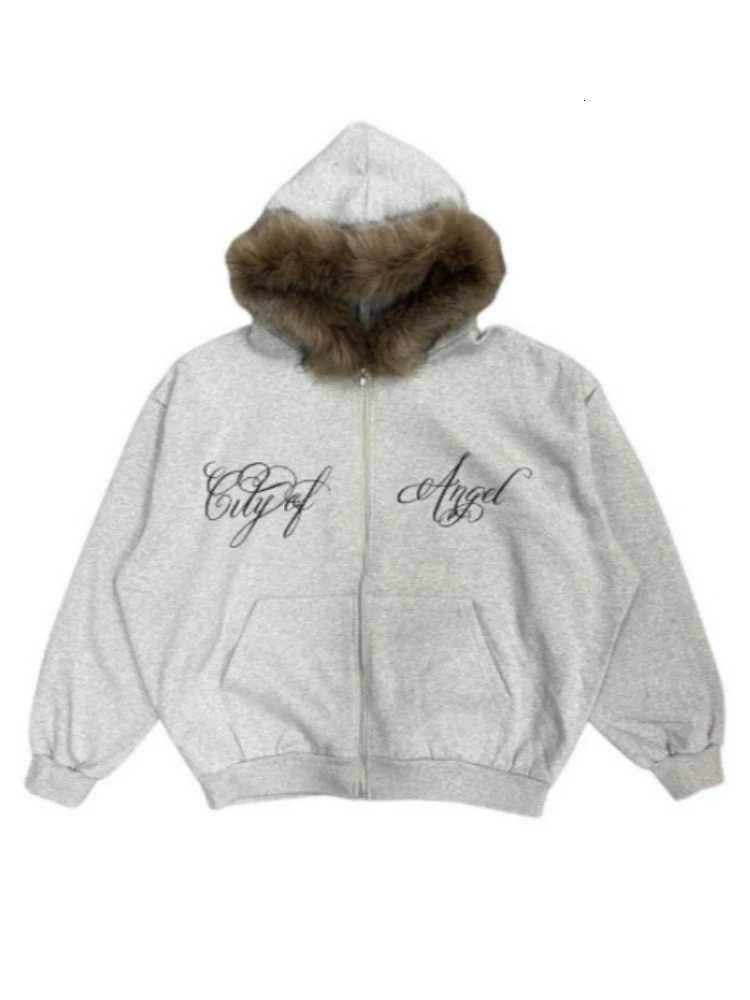 style winter strt fashion trend wool collar printed letter zipper cardigan sweatshirt long slved hooded sweatshirt Y2K X251218 - view 6