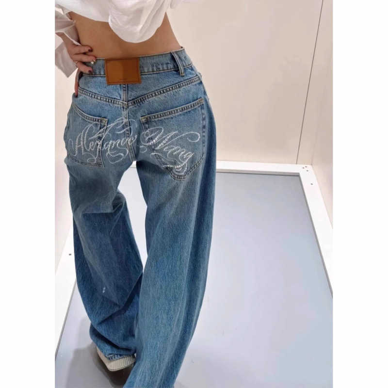 Street Heavy-duty Back Rhinestone Letter High-waisted Jeans for Women Spring Loose Straight-leg Floor-length Scimitar Pants T251218