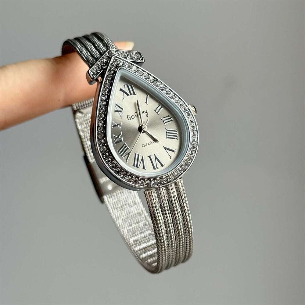 watch Niche Vintage Gold Plated Diamond Studded Fashion Light Luxury Women's Quartz Watch Roman Numerals Water Drop Shape Wristwatch