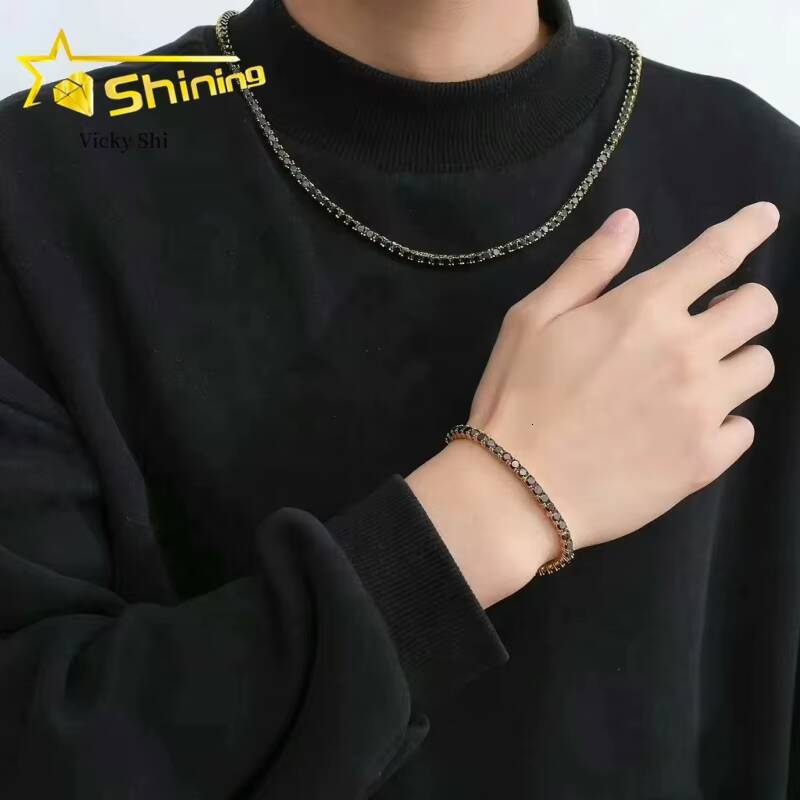 GRA Certificated 3mm 4mm 5mm Black Moissanite Tennis Chain Pass Diamond Tester Men Women Fashion 925 Silver Necklace