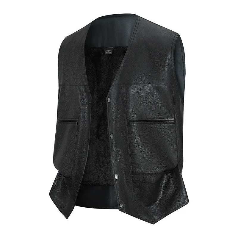 2025 Men Leather Vest Autumn Winter Simple Solid Color Round Neck Male Waistcoat Single-breasted Sleeveless Man Plush CoatG251218