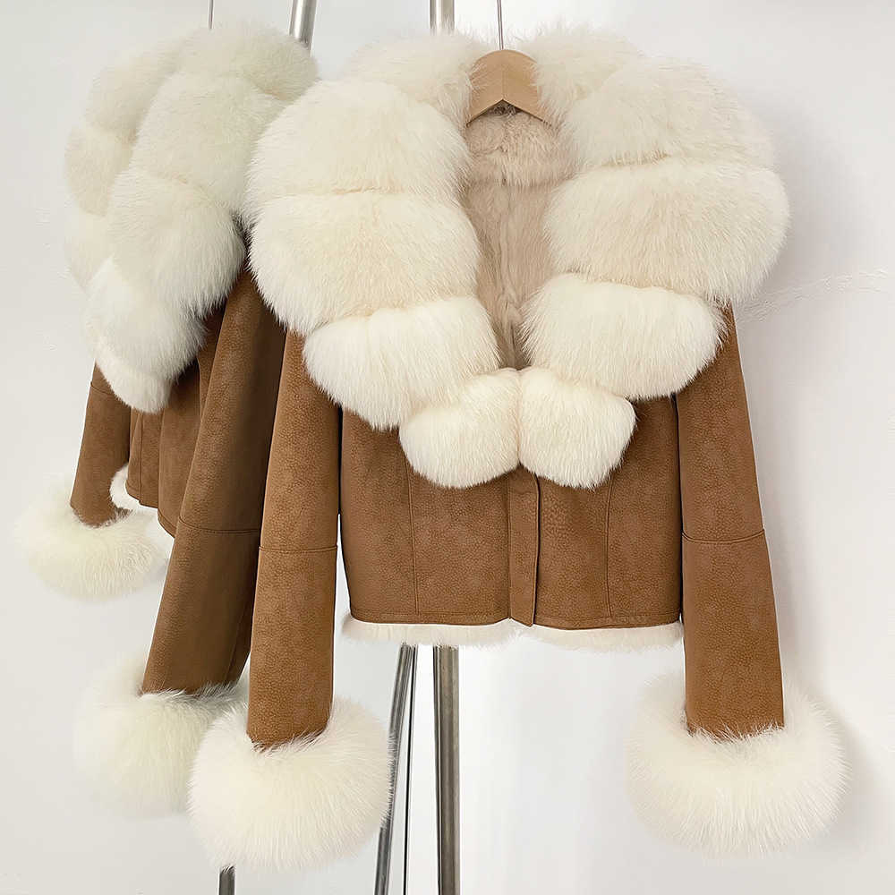 New autumn and winter short style oversized fox fur collar suede faux fur coat for women, fashionable and slimming. J251218