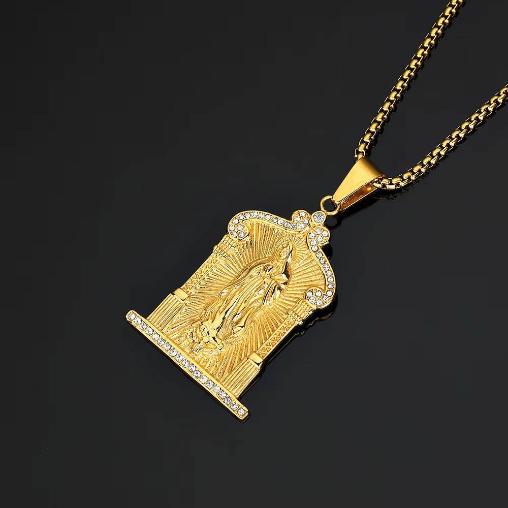 14K gold original designer-made religious jewelry of the Virgin Mary; moissanite 14K gold pendant